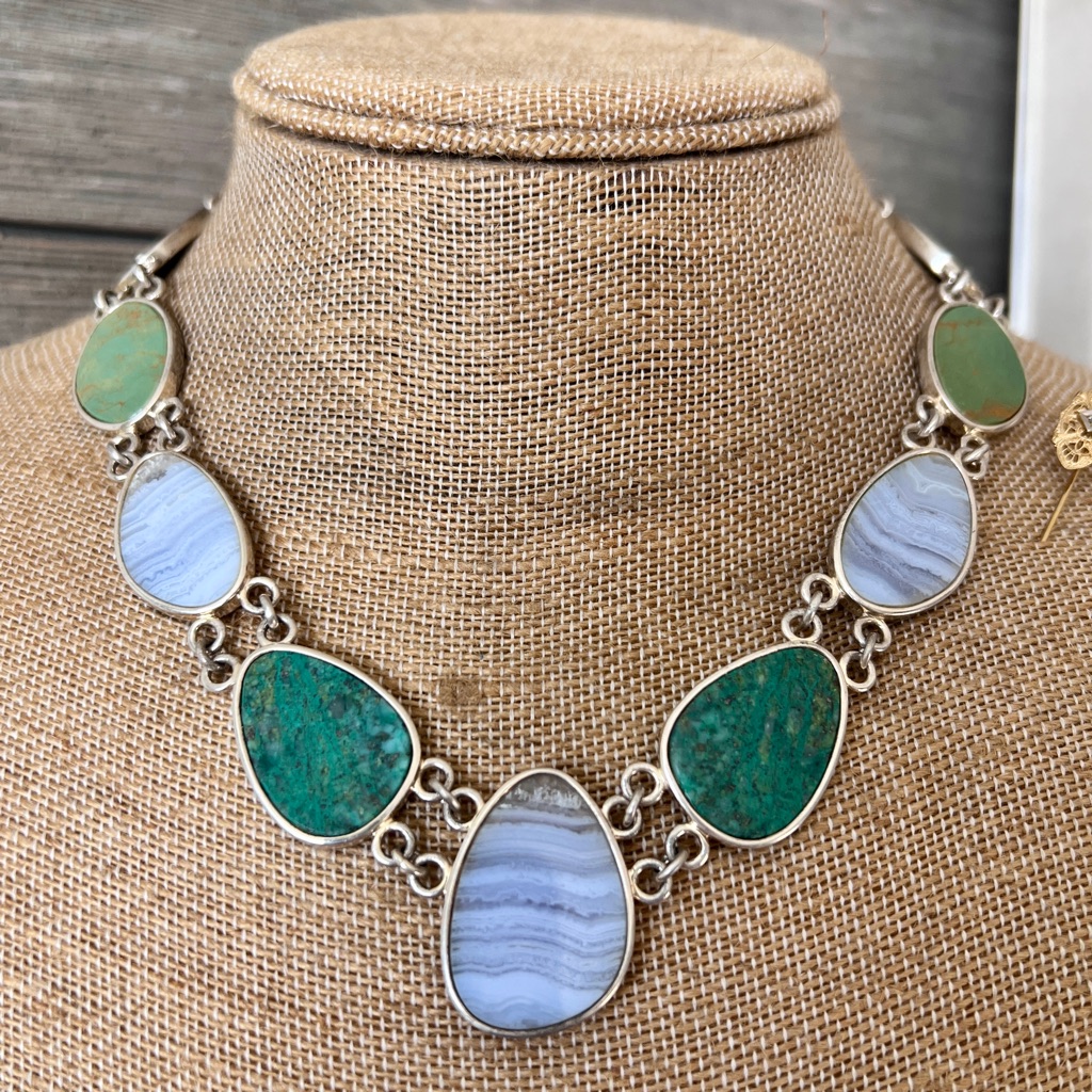 Whitney Kelly Sterling Silver 925 Blue Lace Agate And Chrysoprase Link Necklace